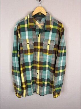 Eddie Bauer Mens TXL Fleece Plaid Button Down Shirt Teal Green Brown Long Sleeve
